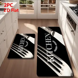 2/3pcs Soft Flannel Kitchen Floor Mat Set, Vintage Silver Color Fork Spoon Design, Non-Slip, Absorbent, Modern Farmhouse Style, Farmhouse Kitchen Rugs