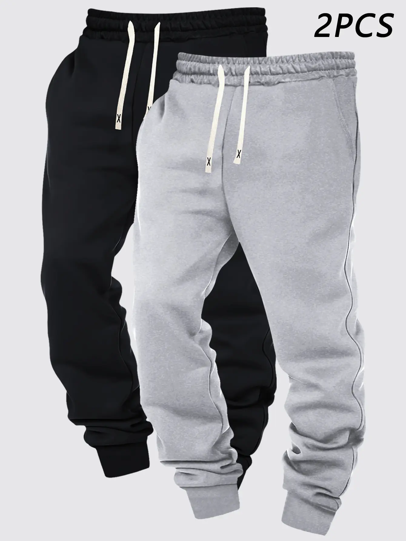 Men's 2-Pack Cuffed Pants, Athletic Style, Solid Color Smooth Fabric, Elastic Waistband with Drawstring, All Seasons Travel Vacation Casual Menswear Bottoms, Cuffed Legs