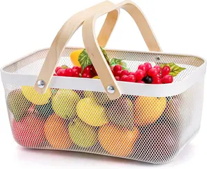 Mesh Storage Basket with Handle, Garden Harvest Basket, Mesh Fruit Basket Bin for Gathering Vegetables, Multi-functional Metal Wire Basket for Kitchen Garden Picnic Cabinet, White