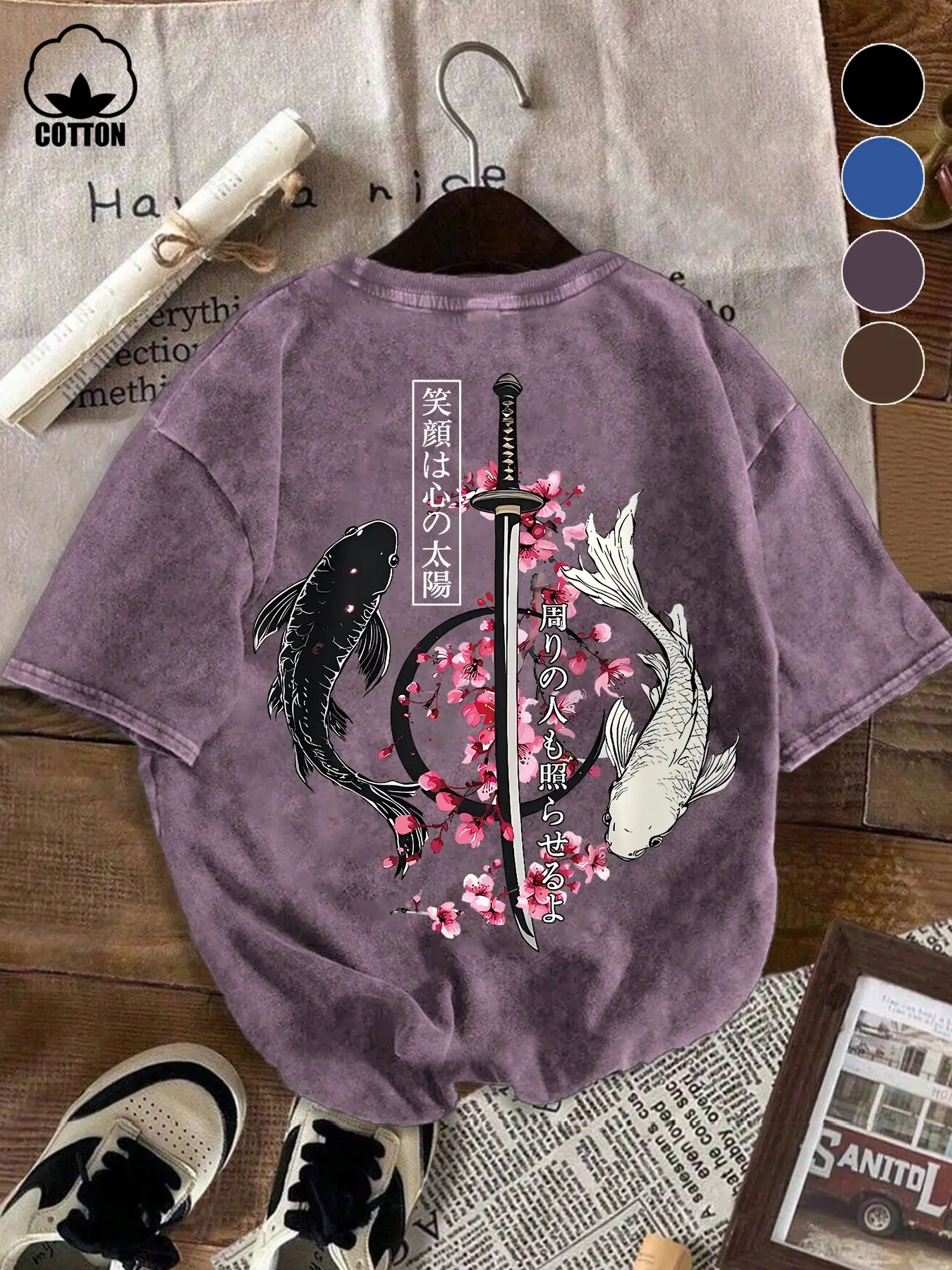 Men's Oversize Washed Vintage Japanese Cultural Yin Yang Koi Sword Graphic Print T-Shirt, Loose Fit Short Sleeve, Summer Streetwear Casual Fashion