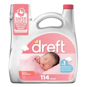 Dreft Stage 1 Newborn Baby Bottled Laundry Detergent Liquid, HE Compatible, 114 Loads, Gentle for Sensitive Skin, USA Made, Safer Choice