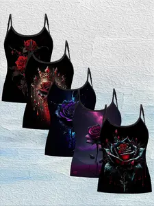 Women's Sleeveless Plus Size Crop Top Set, Dark Rose Print, Adjustable Buckle Straps, Stretchy Fabric, Fashionable & Comfortable