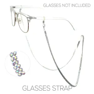 Elegant 2mm Crystal Rhinestone Strap Reader Eyeglass Face Mask Holder Necklace, 28.5" (Double Row AB Crystal in Silver Tone)