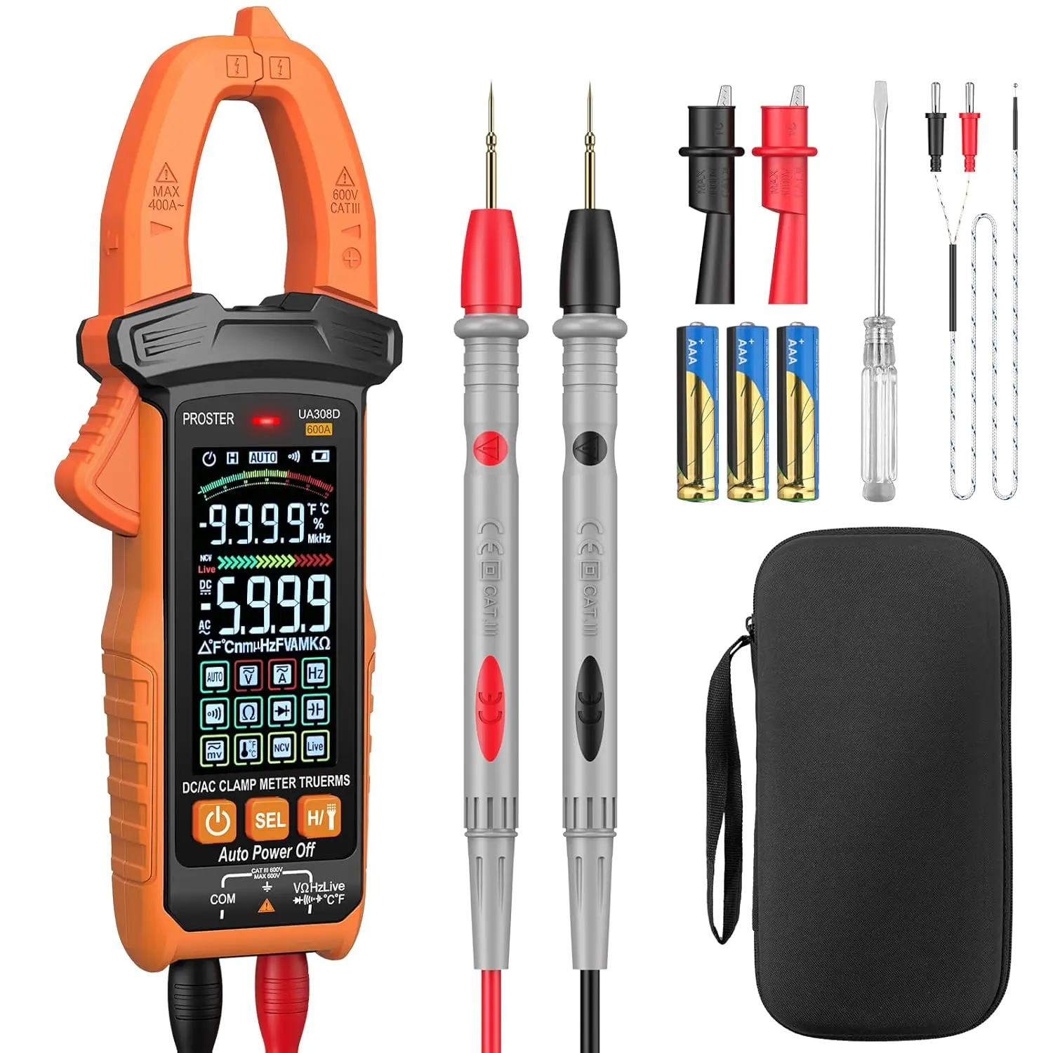 Proster Clamp Meter TRMS 6000 Counts Amp Clamp with AC/DC Current Voltage Capacitance Resistance Diode Temperature Continuity NCV/Live Clamp Multimeter Portable Tool Kit