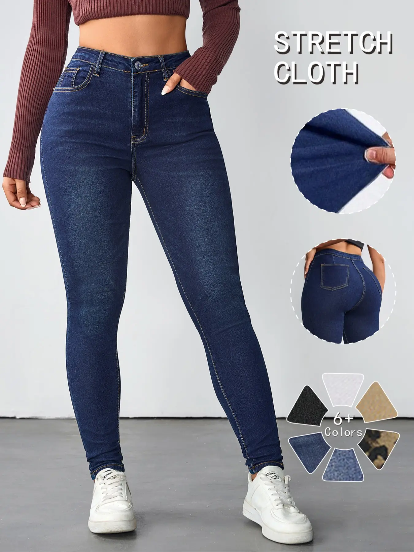 Women's High Waist Slim-Fit Skinny Dark Wash Denim Jeans, Stretchy Elastic Leopard Print Long Pants, Casual Style Daily Wear, Soft Comfortable, Plus Size Available, Jeans High Waisted