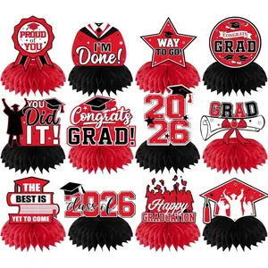 12Pcs Red and Black 2026 Graduation Honeycomb Centerpieces, Class of 2026 Graduation Table Decorations Congrats Grad Table Toppers for Grad Party