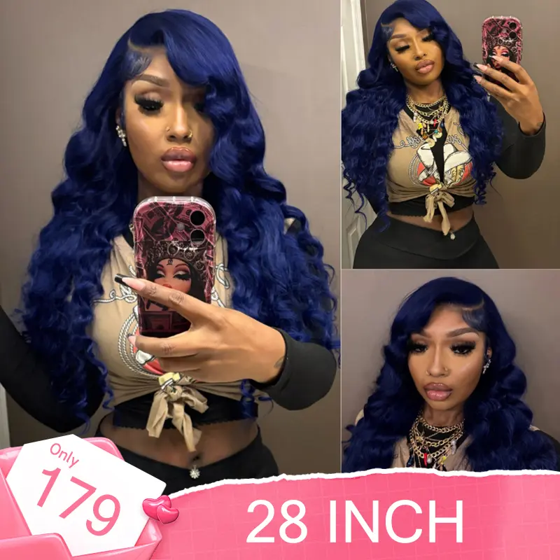 eullair Dark Blue Body Wave 13x6 HD Lace Frontal Human Hair Wig for Black Women, Pre Plucked, Wigs Human Hair, Human Hair Wigs