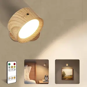 LED Wall Mounted Lights, Rechargeable Wall Sconce Lamps, 3 Color Temps & Remote and Touch, 360° Rotation Dimmable Cordless Wall Light for Study Bedroom Reading Bedside (Wood, 1 Pack)