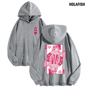 Holafish Women's Acid Wash Queen of Hearts Playing Card Print Vintage Hoodie Oversized Loose Warm Winter Streetwear Tunic 2026 New