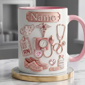 Personalized RN Life Mug 2 D Printed 3D Effect, Custom Name Coffee Cup with Medical Nurse Design for Registered Nurses, Healthcare Workers, Perfect for Nurse Appreciation Week, Graduation, Birthday, Meaningful Thank You Gift