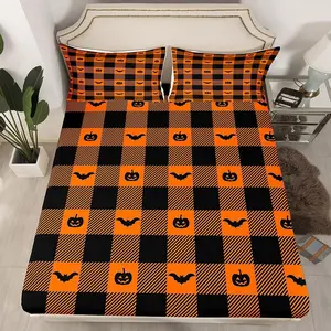 Feelyou Halloween Bat Pattern Bedsheet Set, Cartoon Pumpkin Lantern Microfiber Bedding, Geometric Lattice Decorative Bedding Set, Orange Black Fitted Sheet & Bed Cover