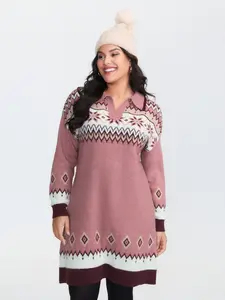 【Summer Turn-Up】【Boho】 Bloomchic Boho Pattern Jacquard Contrast Sweater Dress Loose Fit Long Sleeve Polo Neckline Medium Stretch Beanpastepowder Color 2026 Summer Pick for Mother's Day