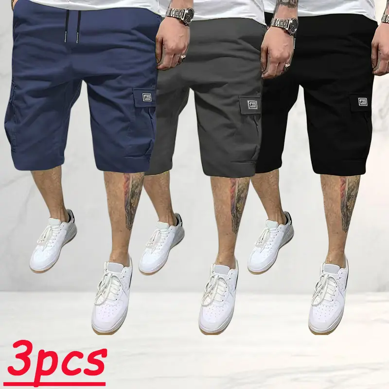 Men’s cargo shorts 3-pack, American casual workwear style, drawstring elastic waistband that hugs the waist without constricting, large side pockets for storing essentials, relaxed fit that flatters all body types and isn’t tight, breathable fabric keeps