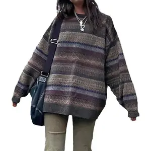 Gray striped knit sweater, autumn crew neck long-sleeve, retro Y2K aesthetic casual knitted top