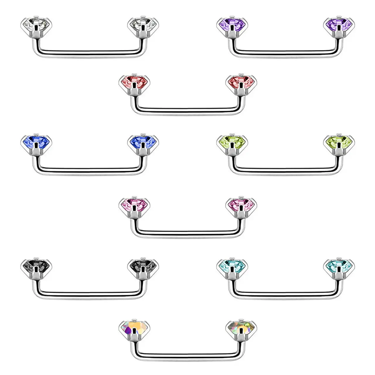 Internally Threaded Staple Surface Barbell with Prong Setting CZ 14 Gauge Surgical Steel Split Shank Jewelry 12mm-25mm Lengths