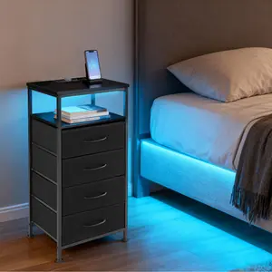  Modern 4-Drawer Charging Bedside Table - Sleek Black with Phone-Controlled Color LED Lights