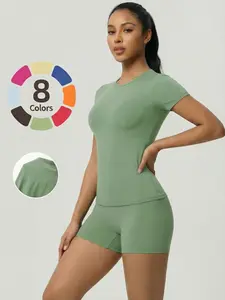 Women's Two-Piece Short Sleeve Crewneck Top and Shorts Set, Sexy Casual Design, Comfortable Fit, Perfect for Daily Wear, All Seasons, Plain Style