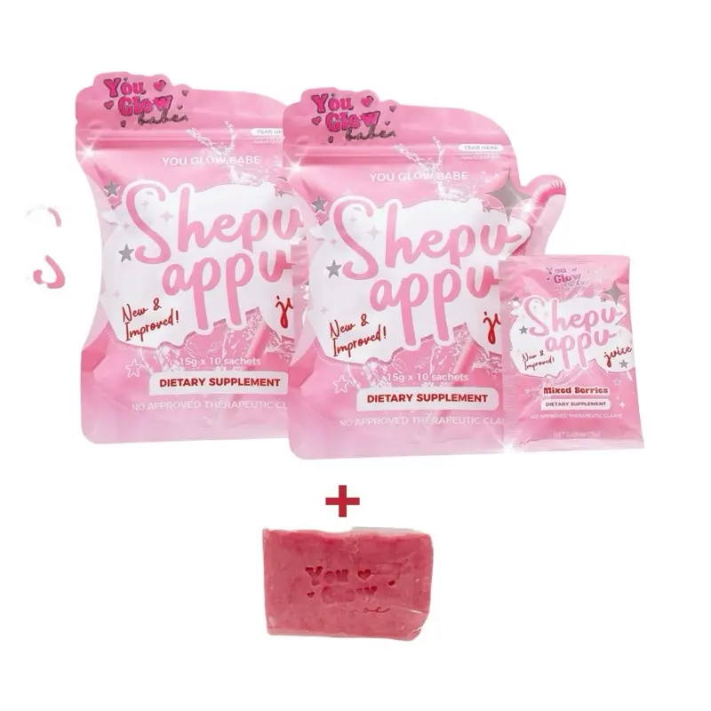 2 Packs YOU GLOW BABE Shepu Appu Juice + 1 Bar Soap – Mixed Berries | L-Carnitine, Glutathione, Probiotics & Vitamin C Drink Mix | 15g x 10 Sachets