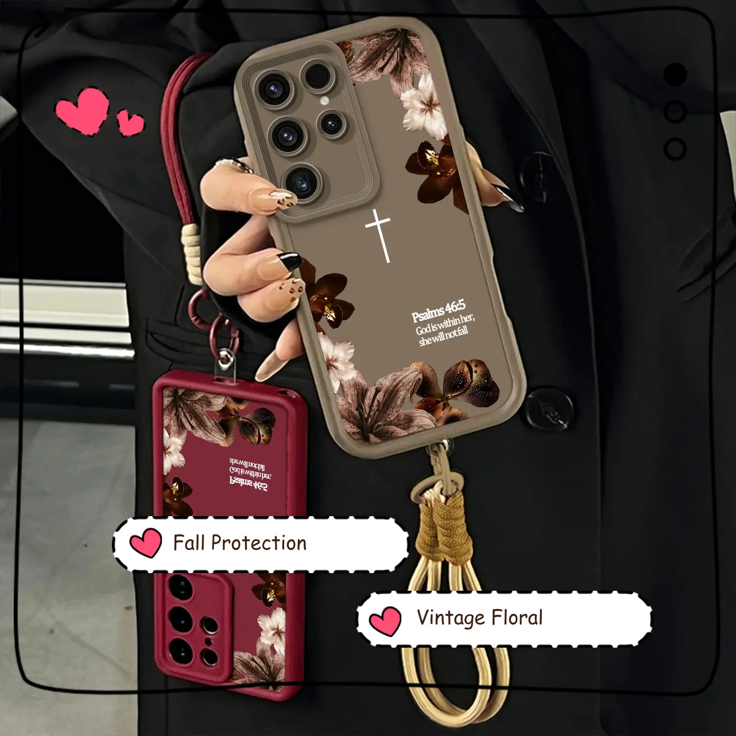 Vintage Floral Aesthetics Lanyard Phone Shell Christian Psalms 46:5 Cross for Samsung Galaxy S25 S24 S23 S22 A71 A56 A55 A54 A53 A52 iPhone 17Pro Max Air 16 15Plus 14 13 12 11 XR XS Matte Finish Anti Drop Bumper Religious Birthday Gift For Her .NN127