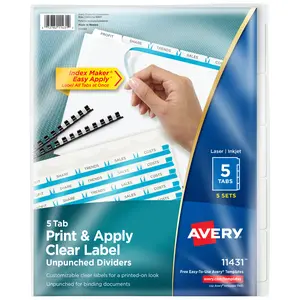 Avery 5 Tab Unpunched Dividers, Easy Print & Apply Clear Label Strip, Index Maker Customizable White Tabs, 5 Sets (11431)