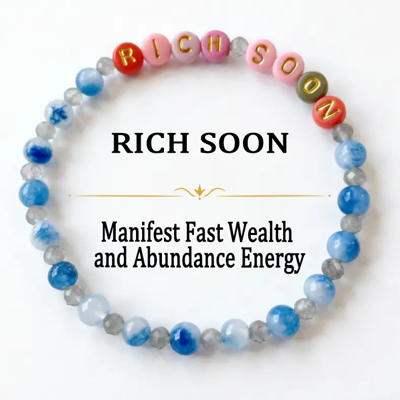 Natural Blue Quartz Manifestation Bracelet with "RICH SOON" Letter Beads, Grey Labradorite Beaded Stretch Bracelet for Money Luck & Abundance, Handmade Spiritual Crystal Jewelry for Women Men, Perfect Gift for Manifesting