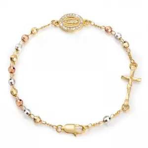 14K Gold Plated Catholic Rosary Bracelet for Women, Virgin Mary Jesus Cross Charm with CZ Beads, Adjustable Chain Bracelet