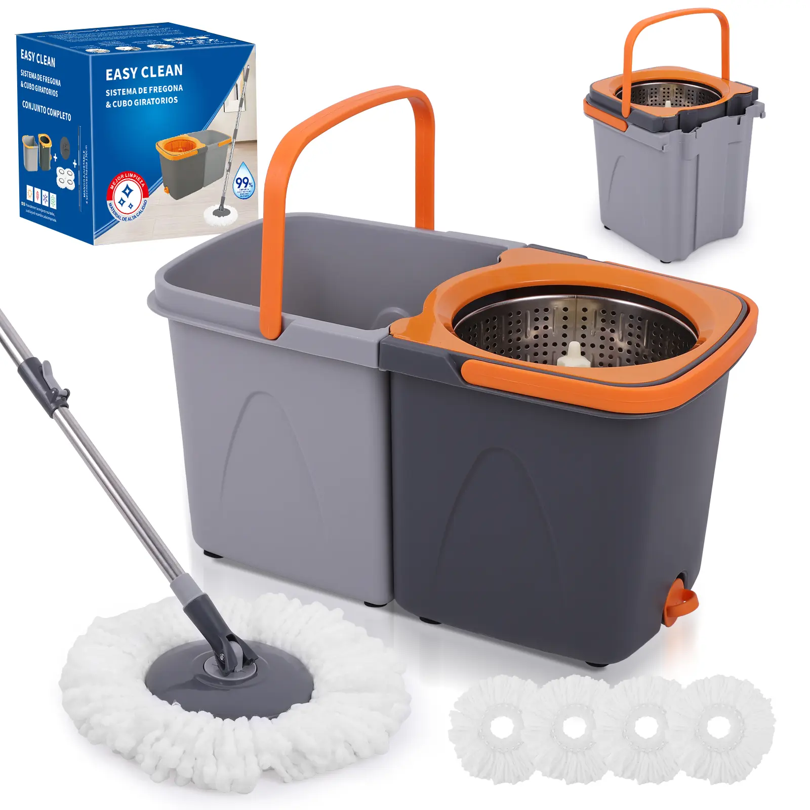 Lightweight Flat Mop and Bucket Set with Detachable Wringer - Stainless Steel Spin Drying Basket, 4 Ultra-Fine Microfiber-Cotton Pads, 51" Adjustable Handle, Storage-Ready, Labor-Saving Rotary Tool for Deep Cleaning