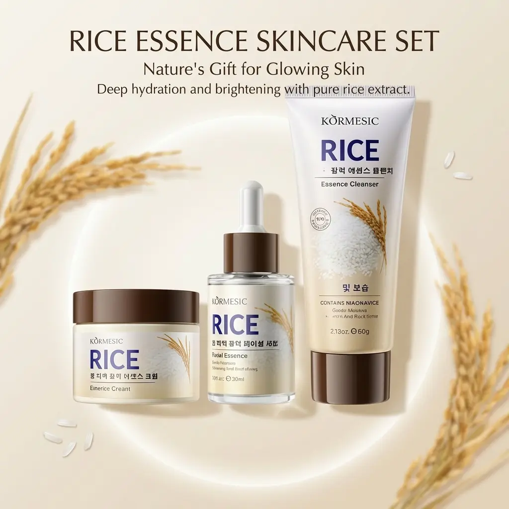 KORMESIC Korean Rice Skin Care Set - Female 3-Piece Skincare Kit (Facial Cleanser, Essence, Moisturizer) for Soft Skin, Gently Nourishes, Hydrates, High-Quality Beauty Gift | Gift Guide for Her