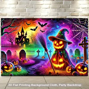 1pc 2D Flat Halloween pty Backdrop - Spooky Pumpkin Haunted House Bats Full Moon - Vibrant Orange Purple Black White Pink Blue Green Yellow Red Colors - Electricity Needed Easy Hang Wallpaper -