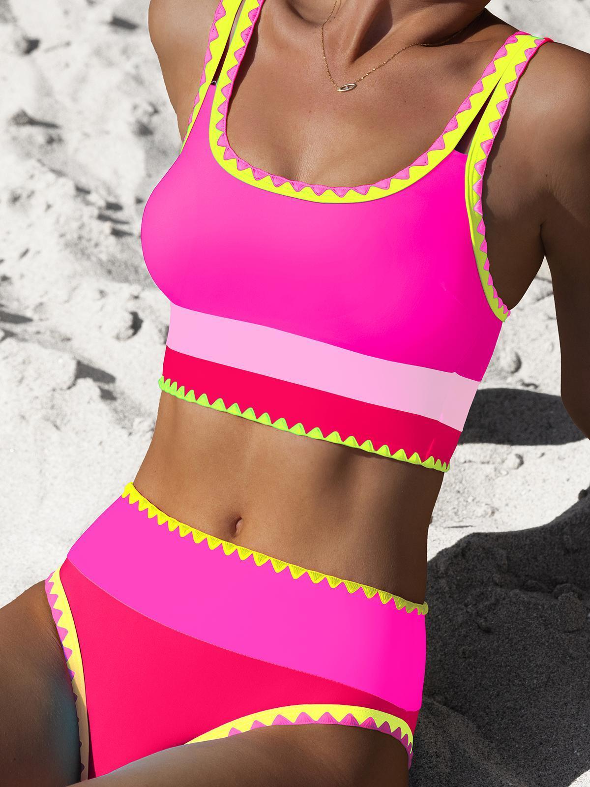 Beachball Kayaking 3 Piece Bikini Sets,Tummy Control & High Waisted Swimsuit with Adjustable Wide Shoulder Straps, Neon Color Sporty Swimsuit