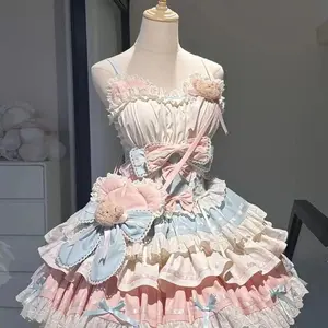 Summer Sweet Lolita Mini Dresses Women Lace Patchwork Short Sleeve Elegant Bandage French Vintage Short Party Dress Female