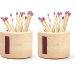 Travertine Holder Set of 2 - 2.6x2 Inch Decorative Matchstick Box with Striker for Fireplace, Candle, Home Decor - Matches Not Included