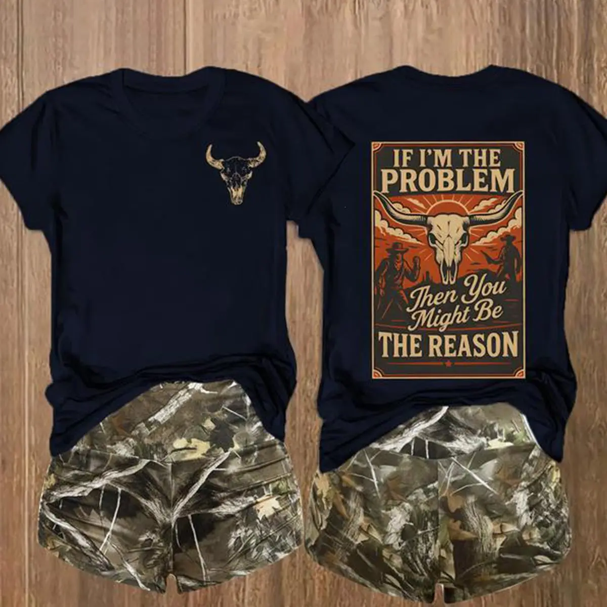 Vintage Western Cowgirl T-Shirt, Funny If I’m The Problem Then You Might Be The Reason Graphic Tee, Bull Skull Country Style Top, Trendy Gift for Rodeo Lovers Funny Graphic Tees
