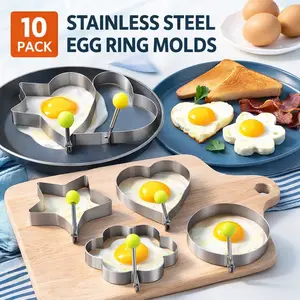 Stainless Steel Egg Rings 10Pcs – Non Stick Frying Egg Molds with Handle, Egg Shaper for Griddle Pan Pancake Maker, Reusable Breakfast Cooking Tool