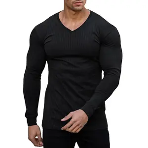 Muscle Cmdr Men's V Neck Muscle Shirt Casual Ribbed Slim Fit Long Sleeve Tee Workout Shirts Athletic Gym Henley Undershirts Knitted Classic