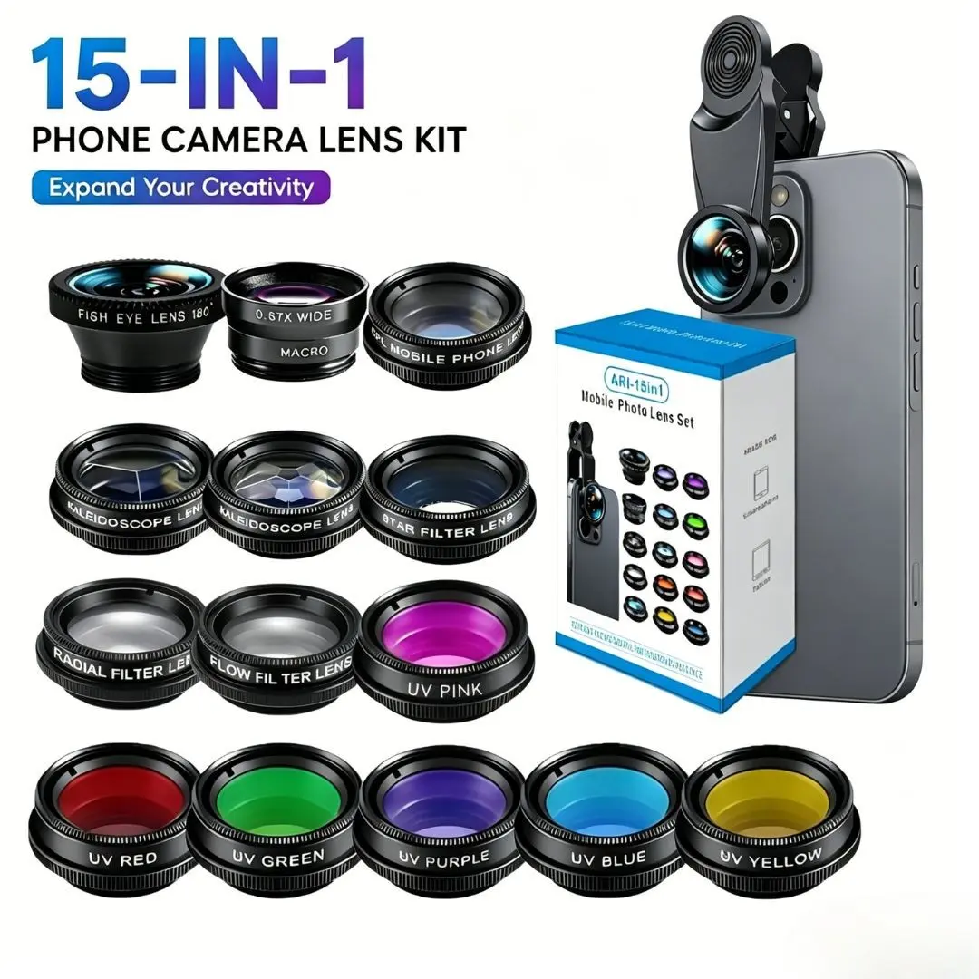 15-In-1 Phone Camera Lens Set, Smartphone Camera Accessories, Includes Wide Angle, Macro, FishEye Lenses, Universal Clip, Compatible with Most Smartphones like iPhone and Android, Ideal for Short Videos & Travel Photography