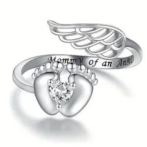 Women's Double Finger Baby Footprints Band Ring, Engraved "Mommy of an Angel" with Angel Ornament, Fashionable Mom Gift Costume Jewelry, Double Finger Ring