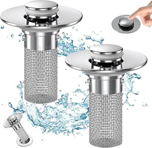 KKC 2/1 pcs Pop-Up Bathroom Sink Drain Strainer, Stainless Steel Hair Catcher Basket with Brass Drain Plug, Universal Fit for US Bathroom Sinks, Bathtubs, Showers & Floor Drains