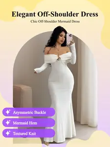 Elegant Chic Fitted Knitted Dress, Fashionable Off-Shoulder Long Sleeve Dress, Double Layer Collar and Asymmetrical Metal Buckle, Tail Skirt Design, Womenswear