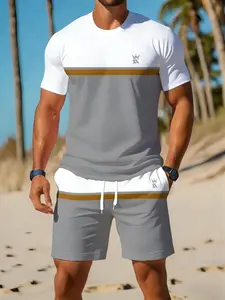 Men's Colorblock Short Sleeve Set, Summer Casual Sportswear Two-Piece, Fashion Simple Beach Wear, Contemporary Fitted Style, Casual Sportswear Outfit, Casual Sporty Set