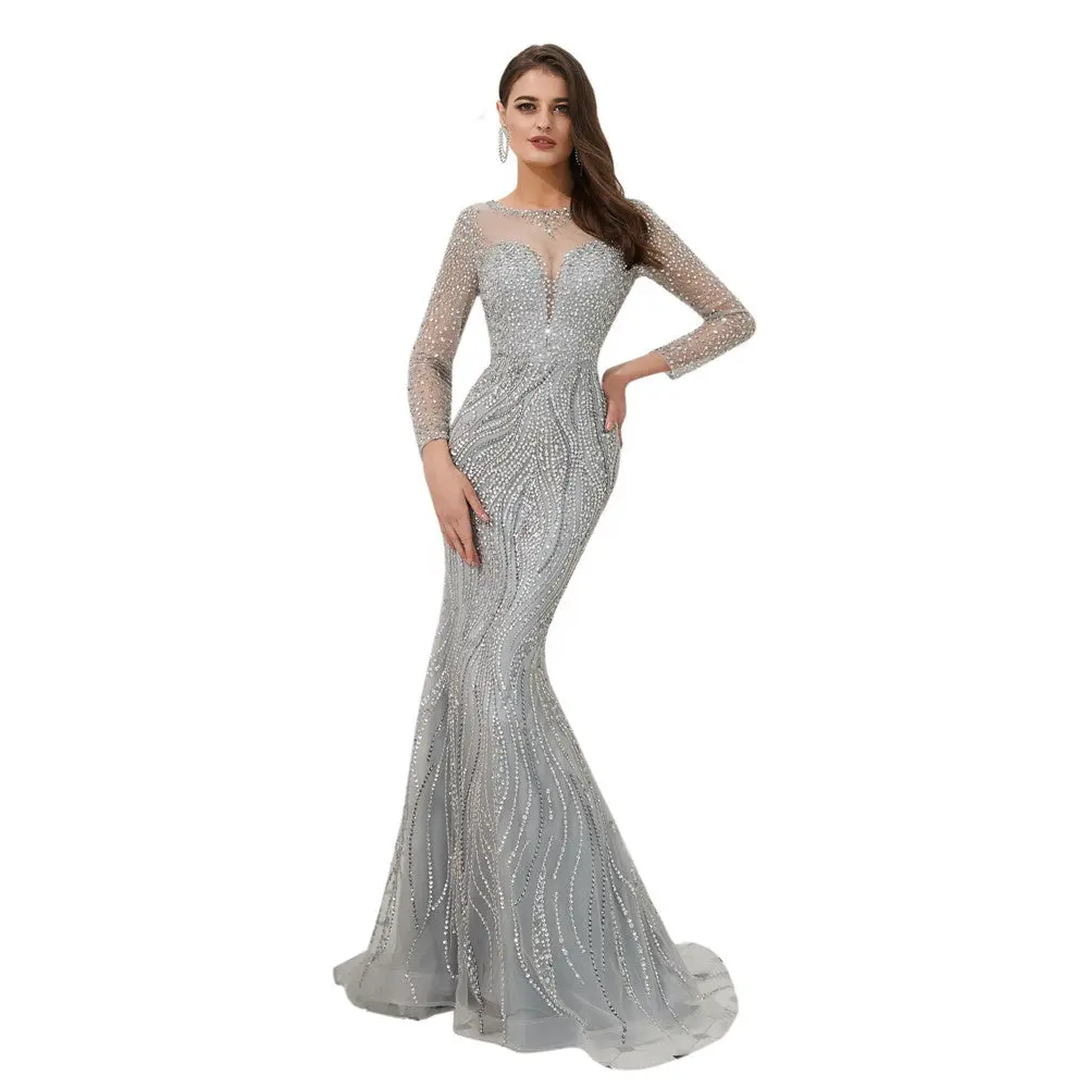 Silver Beaded Mermaid Evening Ball Gown