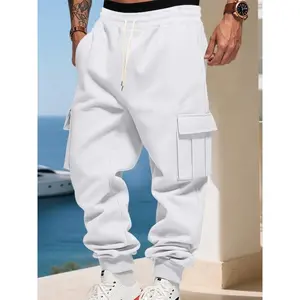Men’s loose-fit fleece-lined cargo pants; casual outdoor workwear sweatpants; fall/winter thickened joggers in an American style; plain.