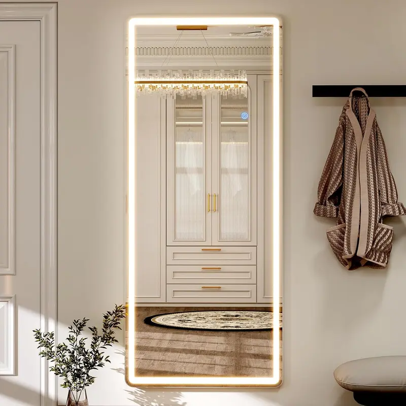 71"x26" Right Angles LED Full Length Mirror – Lighted Dimmable Floor Mirror with Stand & Wall Mount, 3-Color Modes, Full Body Mirror for Bedroom, Dressing Room, Cloakroom