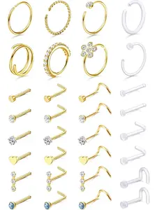 32 Pcs Nose Rings for Women Men, Hypoallergenic Stainless Steel Retainers, Clear L Shape Straight Corkscrew Jewelry 18g 20g Nose Piercing Jewelry
