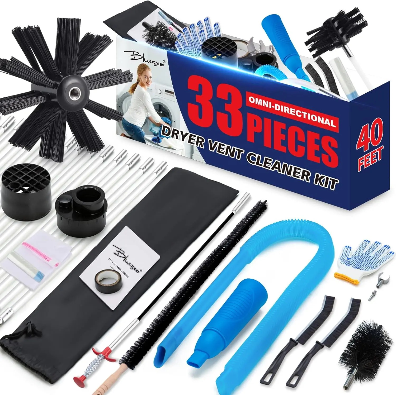 Dryer Vent Cleaner Kit,  33- Omnidirectional Dryer Cleaning Kit Include 40  Dryer Vent Brush, Upgrade Noiseless Dryer Lint Vacuum Attachment, Lint  Brush, Vacuum & Dryer Adapters