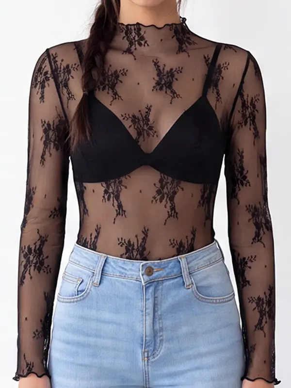 Women's Long Sleeve Bodysuit with Floral Lace and Scalloped Edges for Parties and Daily Outfits									 									