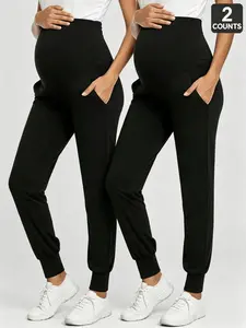 2-piece Set Maternity Cropped Pants with Pockets, Summer Casual Versatile Sports Sweatpants Yoga Pants for Pregnant Women Maternity Workout Clothes