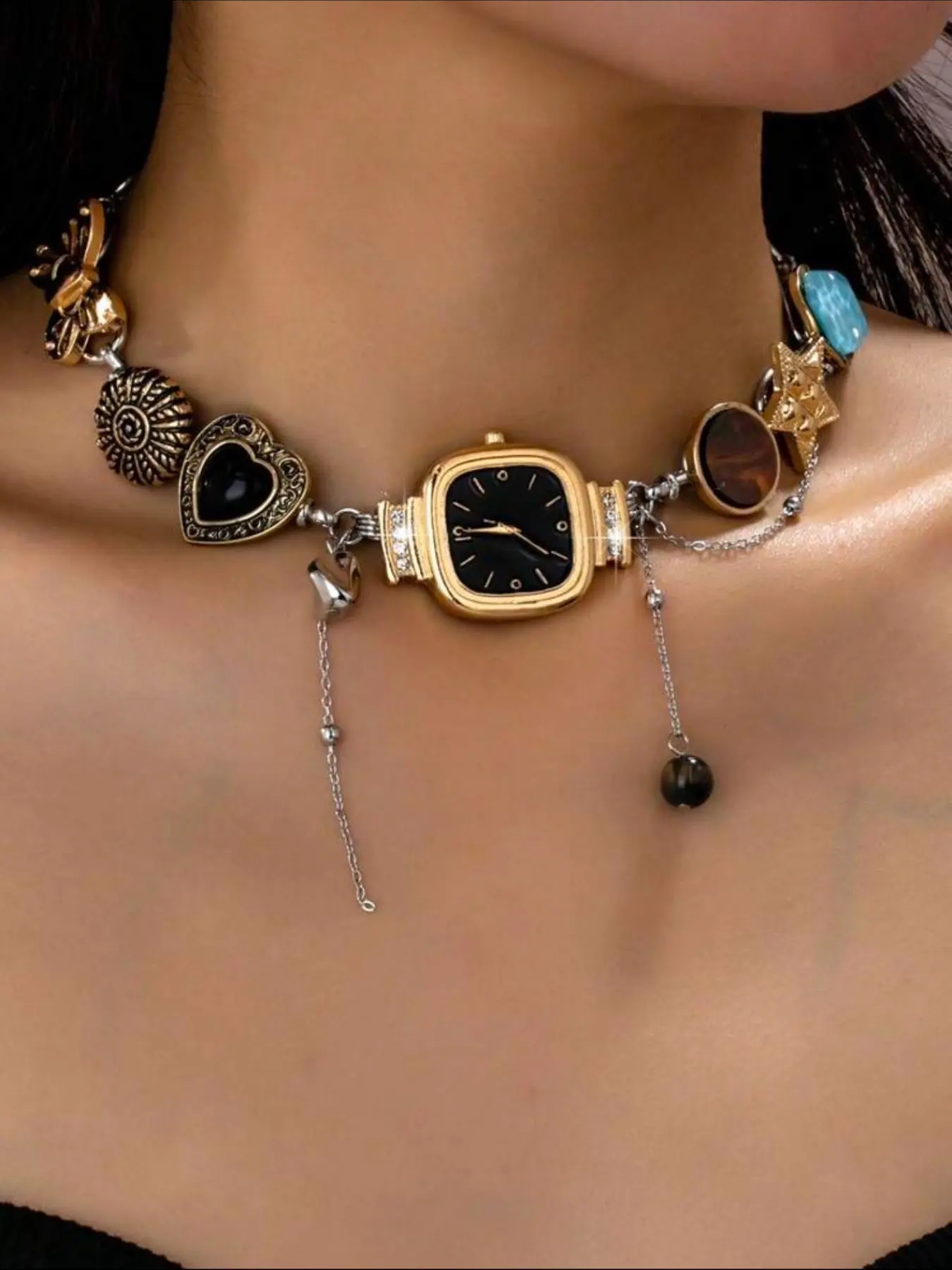 Y2K Style Multi-Element Necklace with Watch/heart/star/butterfly Charms, Chain Necklaces, Fashionable Charm Necklace for Women, Ideal Valentine's Day Gift