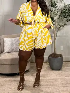 Plus Size Summer Set 2 Piece, Eye-Catching Print, Flowy Shorts with Front Tie Top, Perfect for Vacation, Brunch, Date Night, Fit, Womenswear!