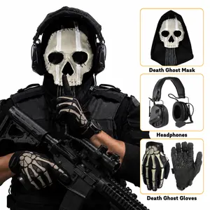 AQzxdc Cod Ghost Mask V2 Set - Tactical Head Mounted Headset - Ghost Gloves Airsoft COD Cosplay Tactical Skull Full Mask